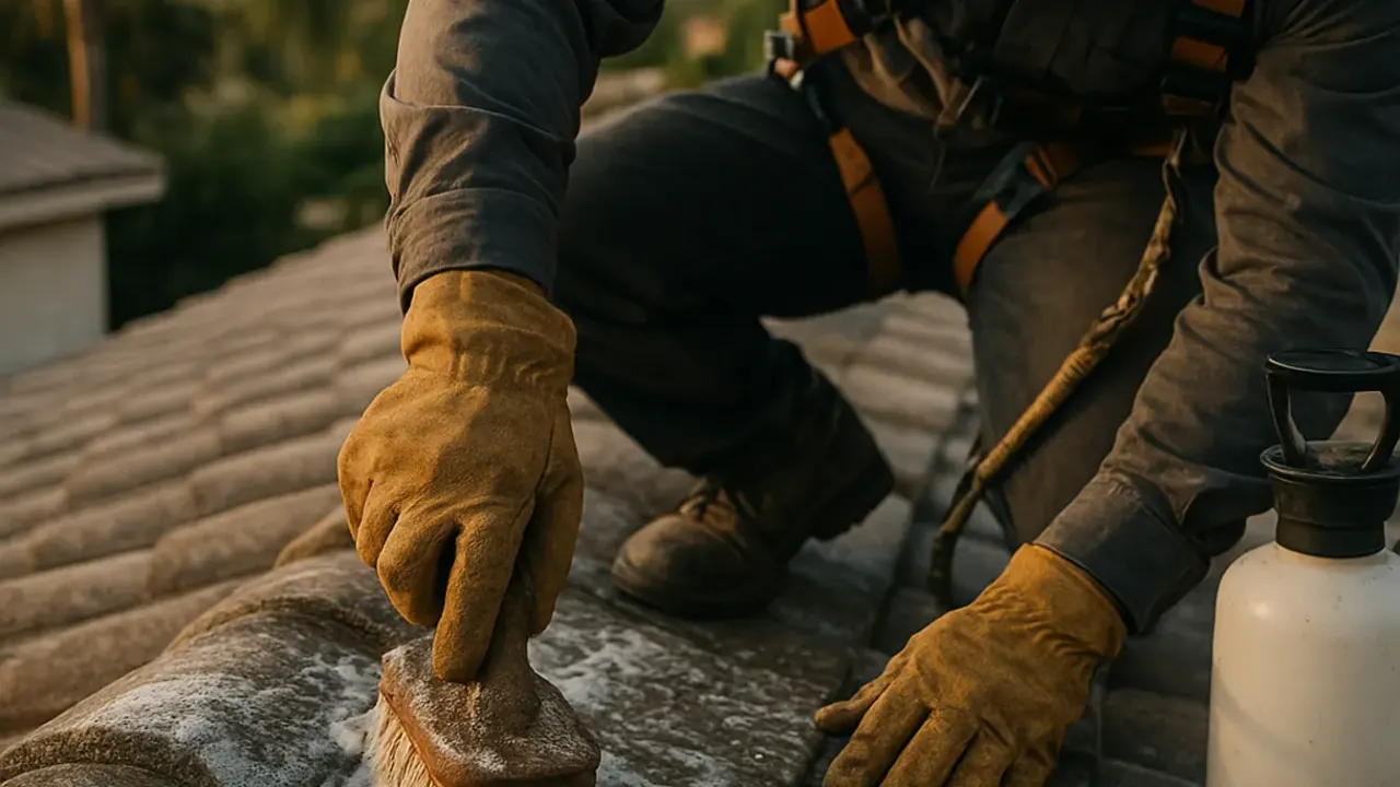 Roof Mold and Mildew Treatment in Sunrise: roofer gently scrubbing mildew from the surface of concrete roof tiles with a