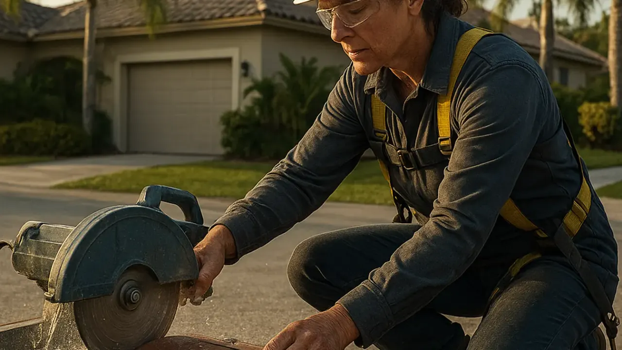 Tile Roofing Services in Sunrise: roofer cutting a clay roof tile to fit a complex hip line using a diamond blade wet saw on