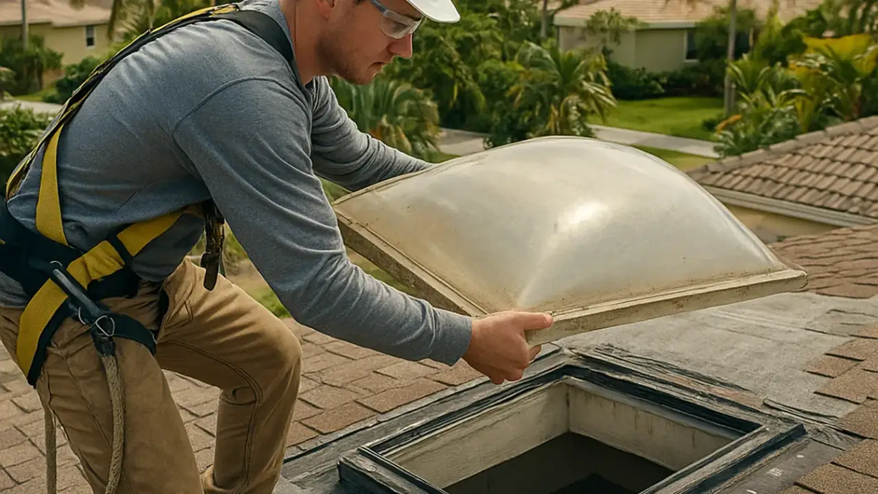 Skylight Installation and Repair in Sunrise: roofer replacing a damaged skylight dome, lifting the old one off its frame on