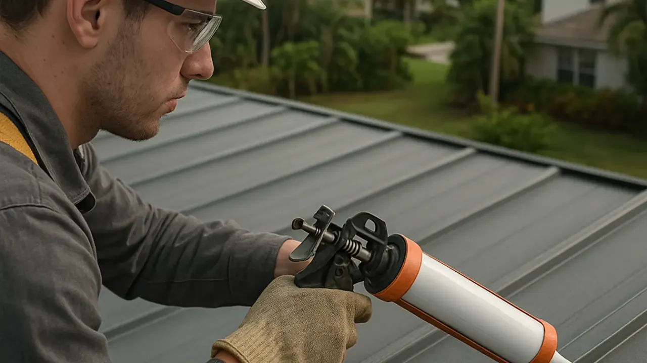 Roofing in Sunrise: close-up of a roofer's gloved hand applying a bead of sealant along a metal roof seam with a caulk gun