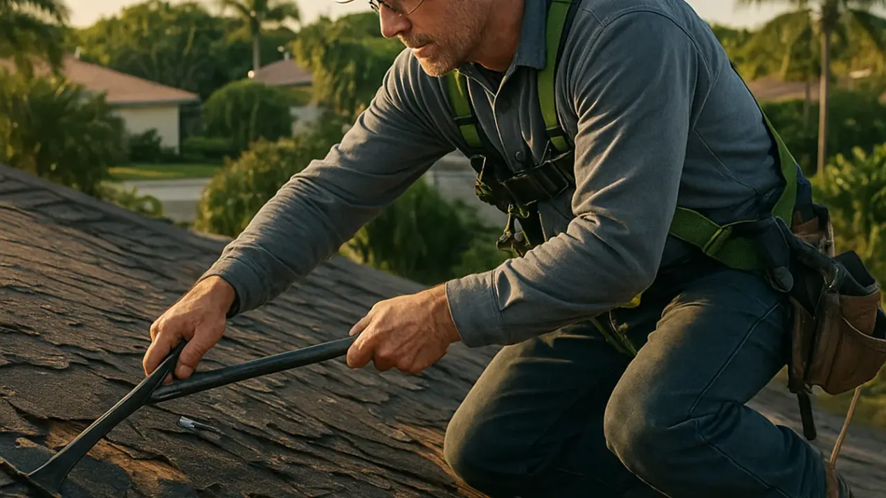 Roof Replacement Services in Sunrise: roofer using a pry bar to remove old asphalt shingles and felt paper from a