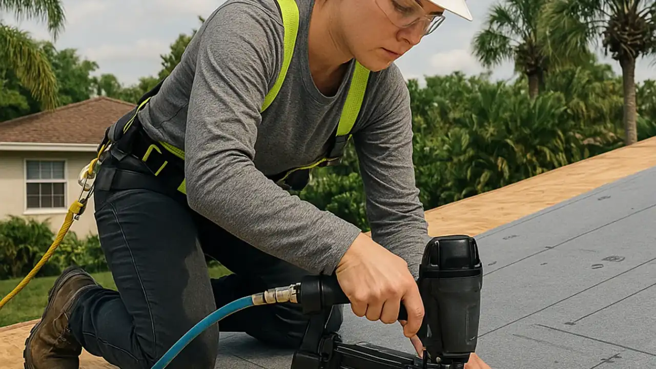 Residential Roof Installation in Sunrise: roofer securing underlayment to a plywood roof deck on a single-family home with a