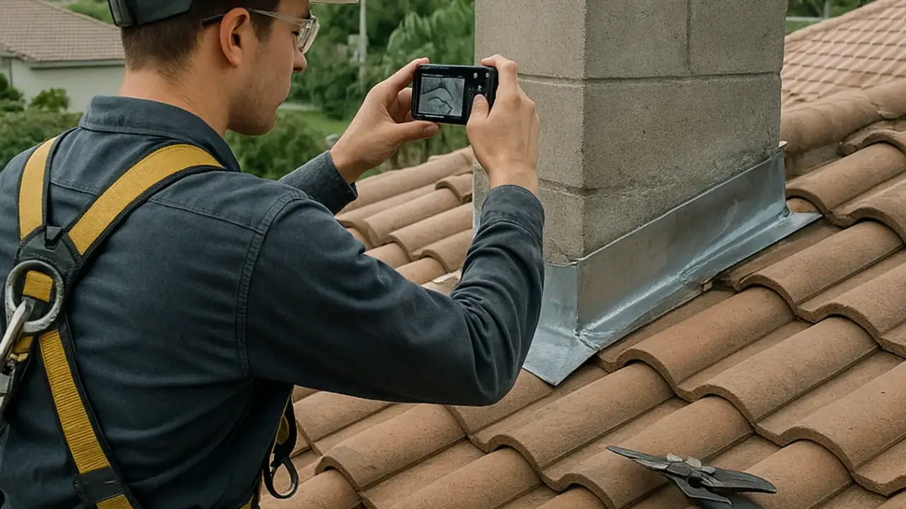 Roof Inspection and Certification in Sunrise: roofer documenting the condition of flashing around a chimney on a tiled roof