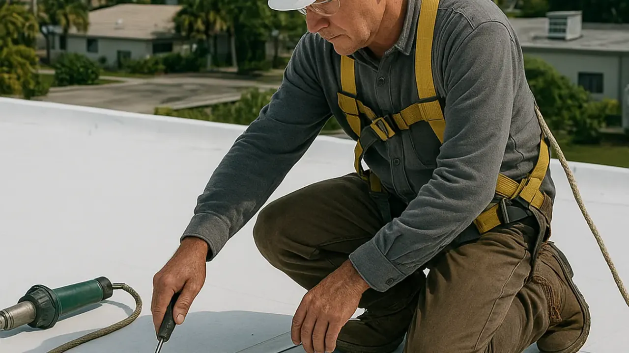 Roofing in Sunrise: roofer in safety glasses and a hard hat inspecting the seamless edges of a newly installed TPO membrane