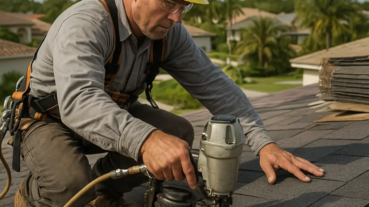 Roofing in Sunrise: close-up of a roofer's hands using a roofing nail gun to secure an asphalt shingle to the roof deck