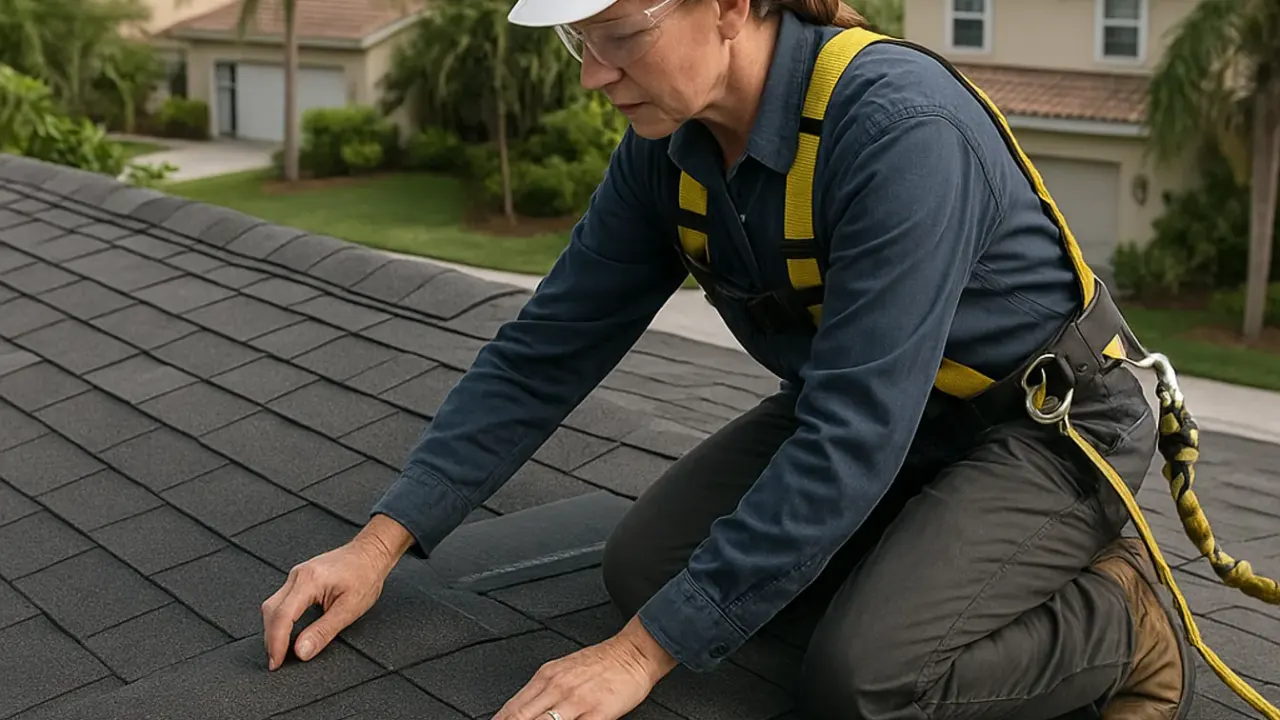 Roof Warranty Inspections in Sunrise: roofer performing a detailed visual inspection of a newly installed asphalt shingle
