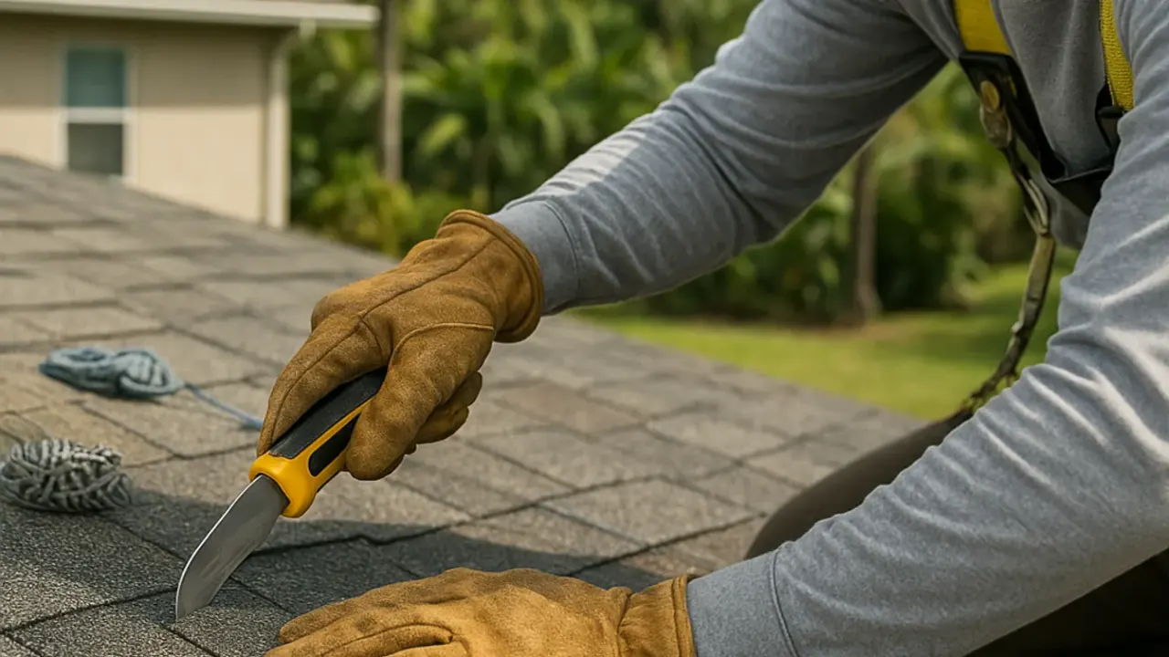 Asphalt Shingle Roofing in Sunrise: roofer cutting a shingle to fit around a vent pipe using a hook blade knife on a