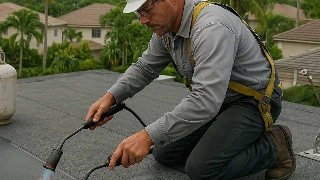Flat Roof Installation and Repair in Sunrise: roofer torch-applying a modified bitumen cap sheet, heating the underside to