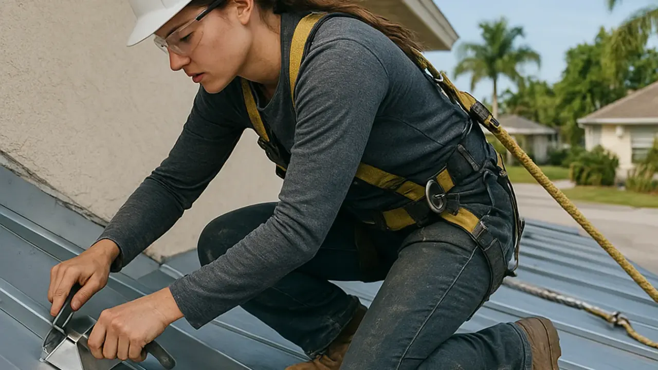 Metal Roofing Installation and Repair in Sunrise: roofer meticulously bending and shaping a custom metal flashing piece for
