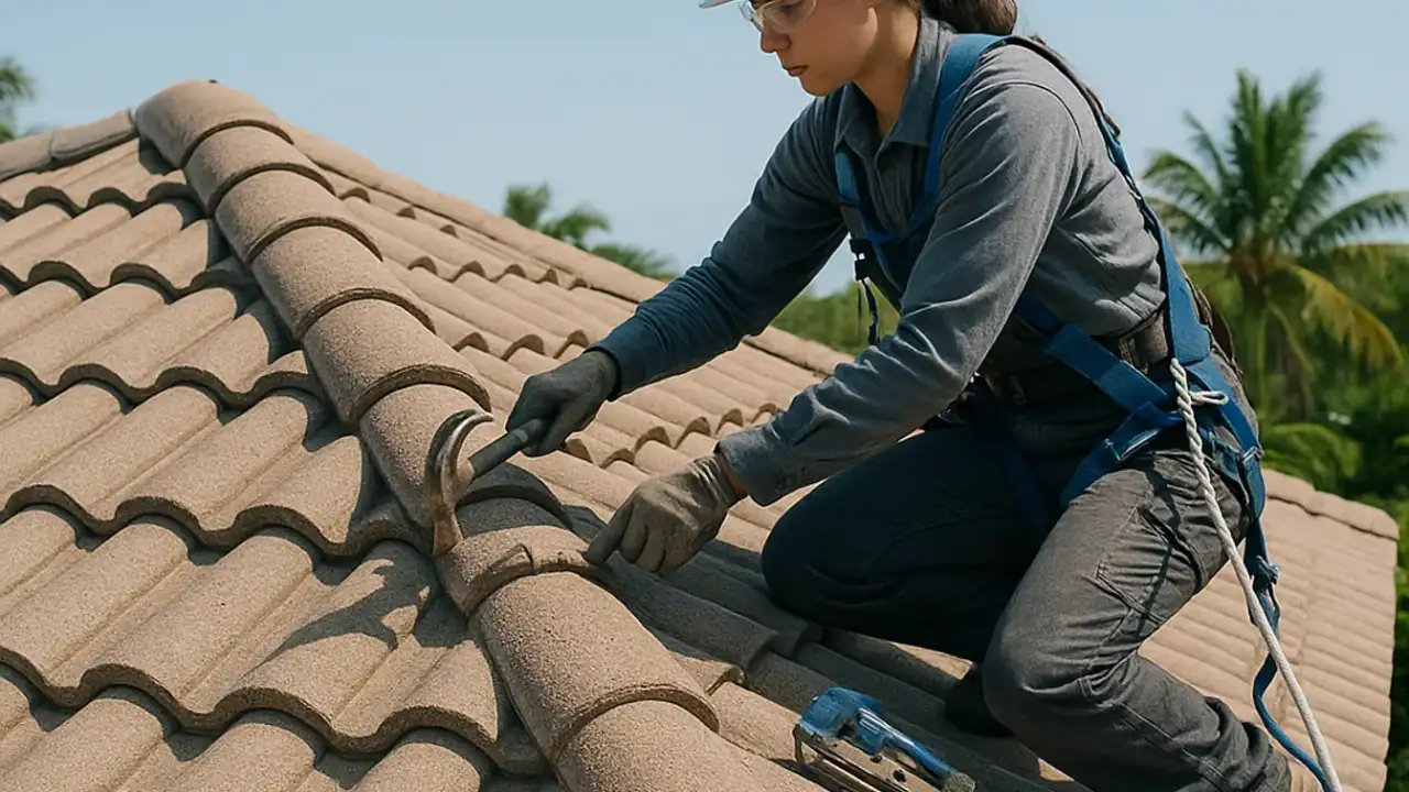 Roofing in Sunrise: detailed shot of perfectly installed, clean concrete barrel tiles interlocking on a completed
