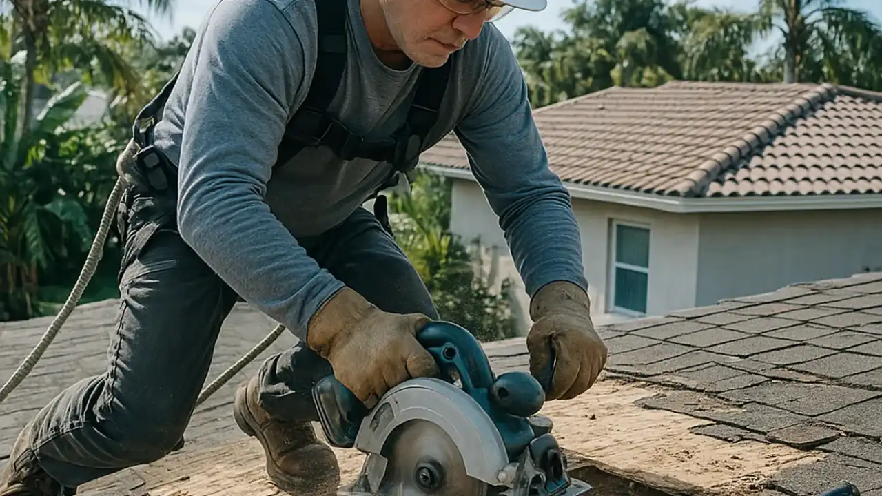 Roof Deck Repair in Sunrise: roofer cutting out a rotten section of plywood roof decking with a circular saw, exposing the