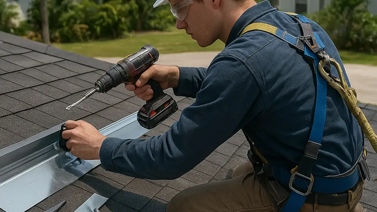 Solar Panel Roof Integration in Sunrise: roofer installing flashing and mounting brackets for solar panels onto a newly