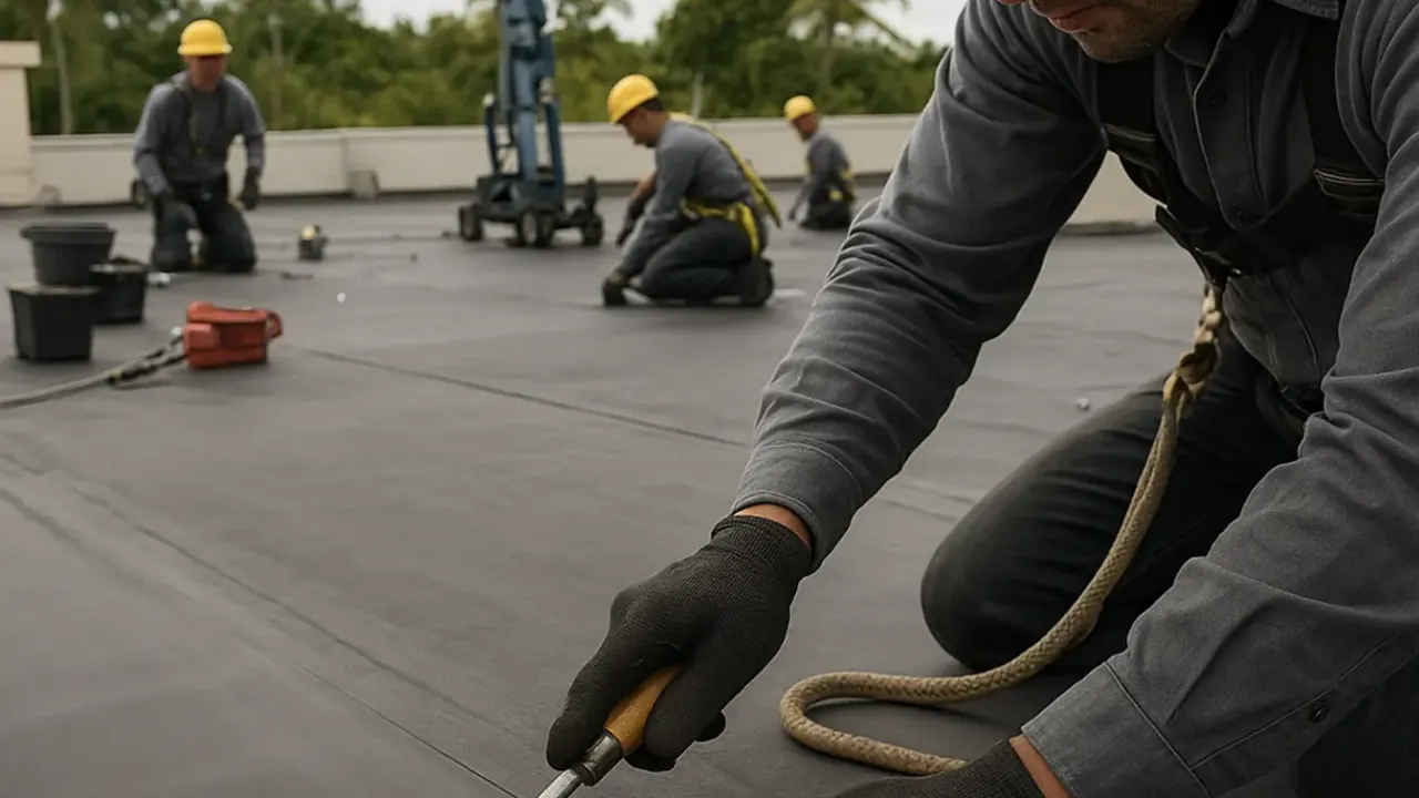 Roofing in Sunrise: wide shot of a roofing crew working together on a large commercial flat roof, with specialized equipment